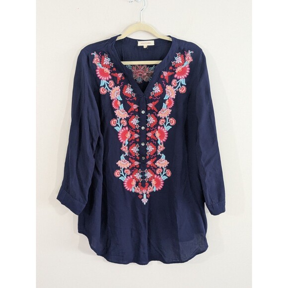 Anthropologie Solitaire Top Blouse 1/2 Button Popover Embroidered Boho Size L - Picture 2 of 12